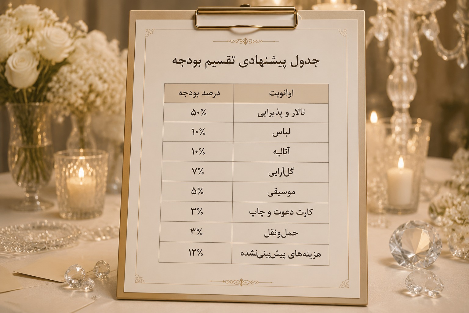 جدول پیشنهادی تقسیم بودجه عروسی